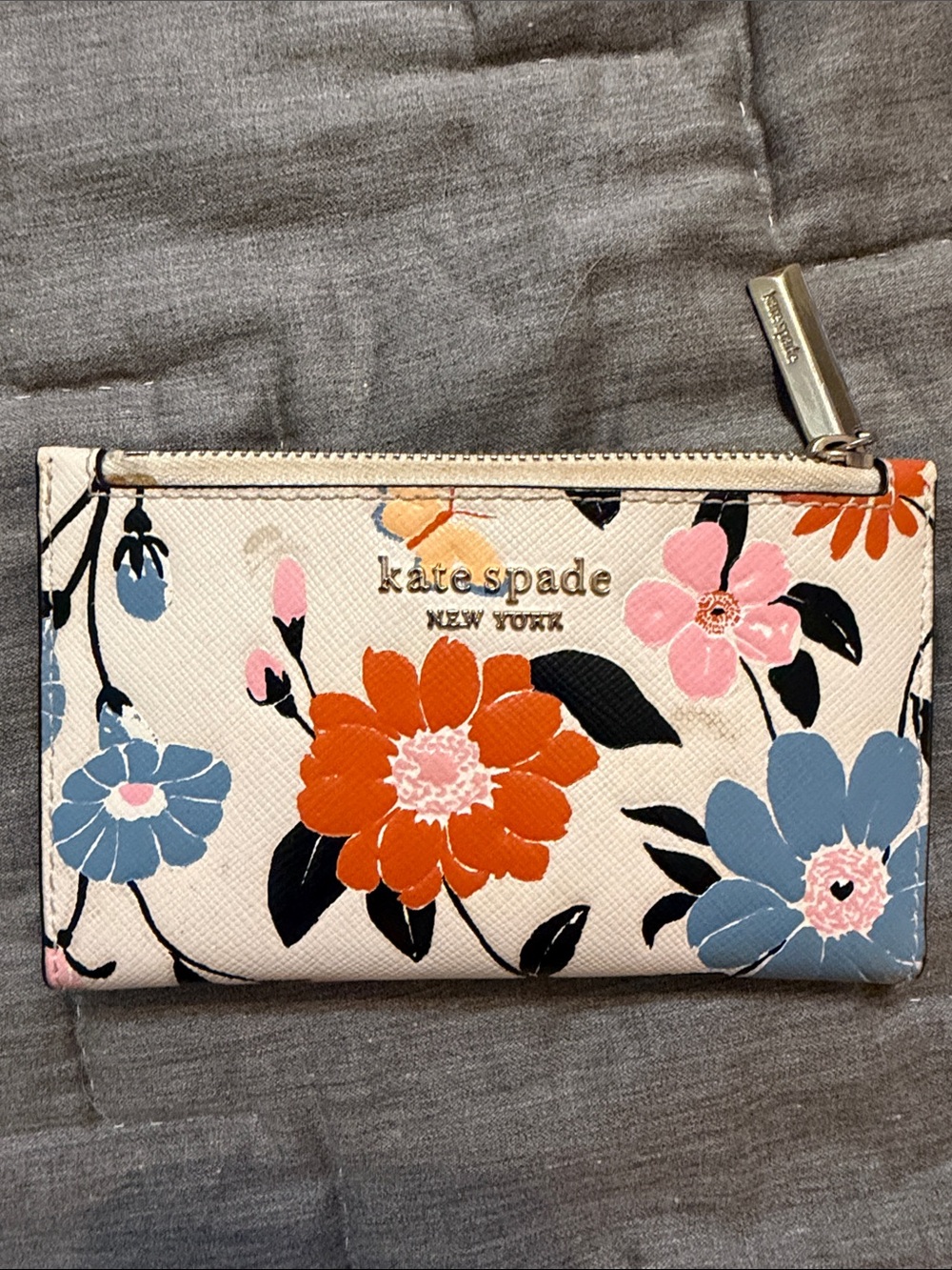 kate spade Floral Zip Card Case in Cream, Orange, Blue, Pink